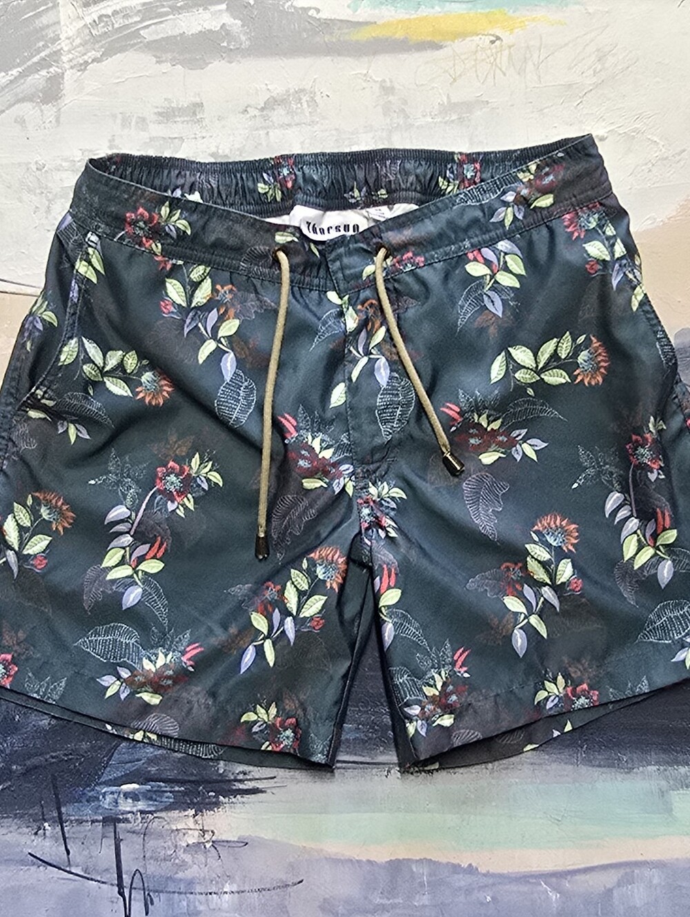 Thorsun Luxury Swim Trunks 32 Floral Beach Board Shorts Green Lined Portugal